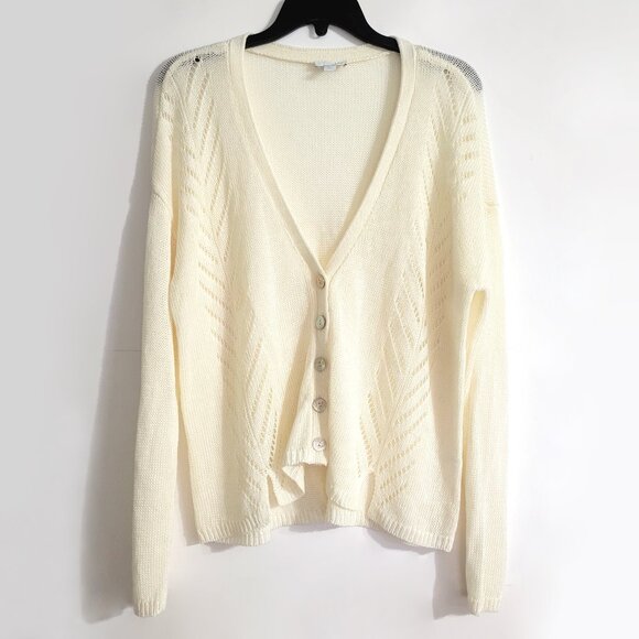 J Jill Womens Linen Blend Button Up Cardigan Size L Missy Ivory Cottagecore - Picture 1 of 10